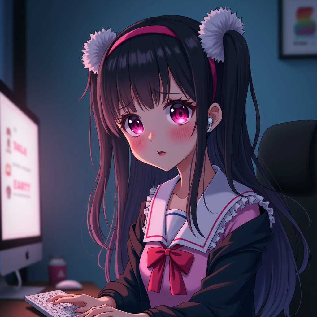 One person, Black Hair,Pink inner color,Long Hair, bangs,Half Twin Tail,Pink eyes, Droopy eyes,Take a closer look, Hearts in eyes, ribbon, Headband, White fluffy hair accessories,anime, anime風, skirt,Pale skin,Frills,Mine system,smartphone,Pink Sailor Suit,Dark cardigan,Drooping eyes,Confused eyes,Worried brow,Yandere,background computer,smartphone,delivery,Illness,Expose,Midnight,earphone