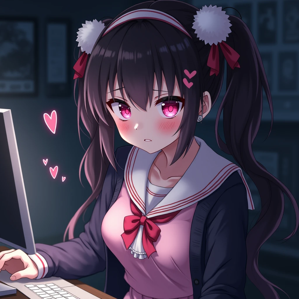 One person, Black Hair,Pink inner color,Long Hair, bangs,Half Twin Tail,Pink eyes, Droopy eyes,Take a closer look, Hearts in eyes, ribbon, Headband, White fluffy hair accessories,anime, anime風, skirt,Pale skin,Frills,Mine system,smartphone,Pink Sailor Suit,Dark cardigan,Drooping eyes,Confused eyes,Worried brow,Yandere,background computer,smartphone,delivery,Illness,Expose,Midnight,earphone