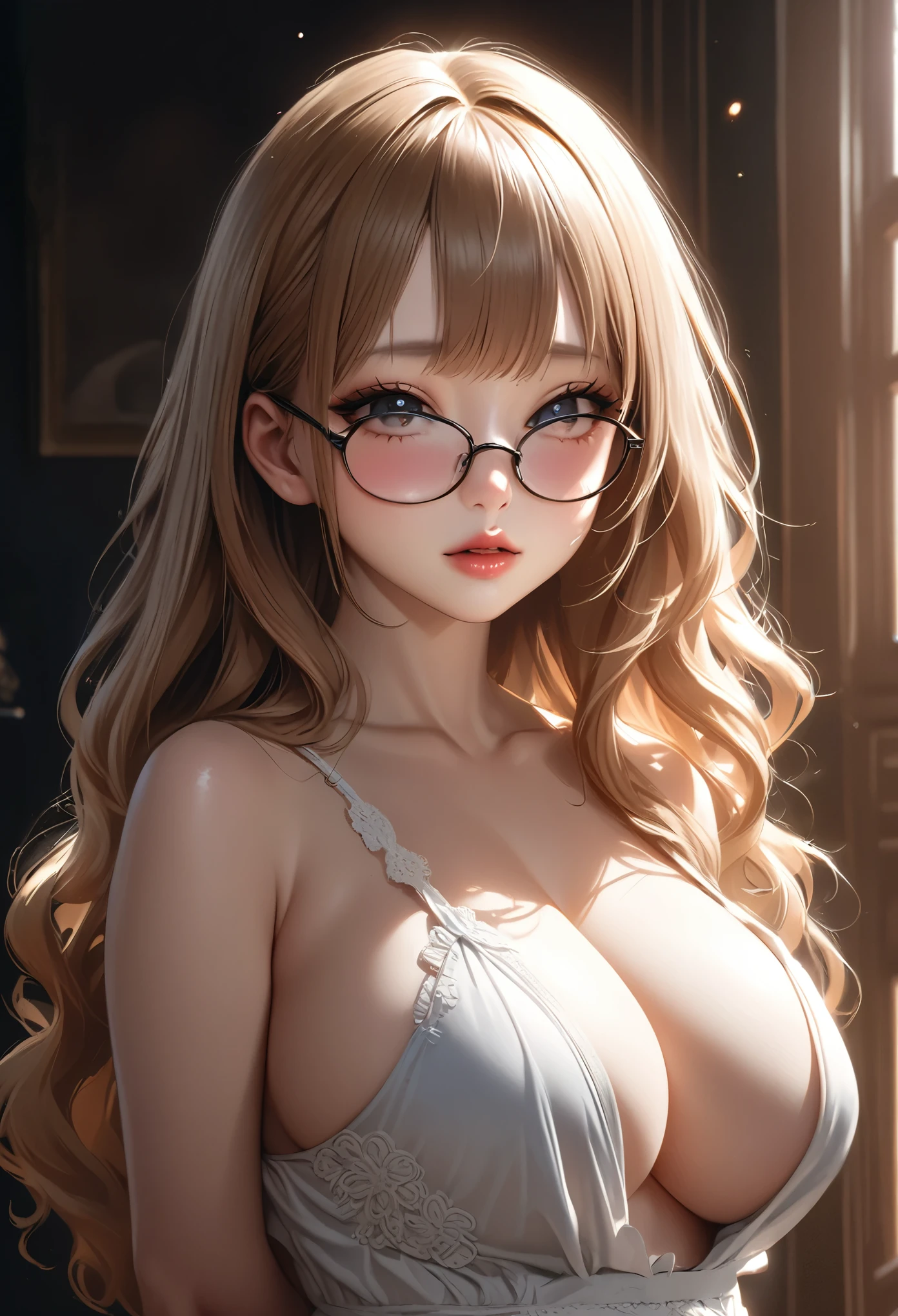 1girl, elegant erotic 13 year old beautiful girl, big breasts, golden wavy hair with glasses, maxi dress, masturbation, self-pleasure, lingerie, adultery, indecent, vulgar, (best quality,4k,8k,highres,masterpiece:1.2),ultra-detailed,(realistic,photorealistic,photo-realistic:1.37),intricate details, delicate facial features, beautiful eyes, ulzzang, long eyelashes, small nose, full lips, porcelain skin, natural lighting, warm color palette, chiaroscuro lighting, dramatic shadows, sensual, alluring, mature themes, artistic, dreamlike, ethereal, ((arms behind back)),