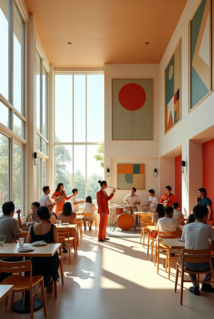 A CAFETERIA WITH A BAUHAUS-STYLE BAND AND PAINTINGS