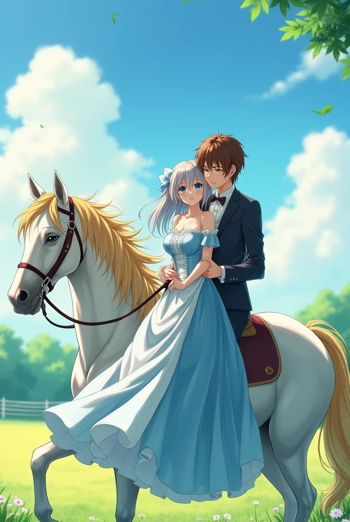 18 year old anime girl with gray hair and blue eyes wearing a long blue and white dress and riding a horse in front of a 26 year old boy. Brown hair and green eyes, very handsome, holding the girl sitting in front of him on the side on the horse, wearing a formal suit, the horse is white with yellow hair