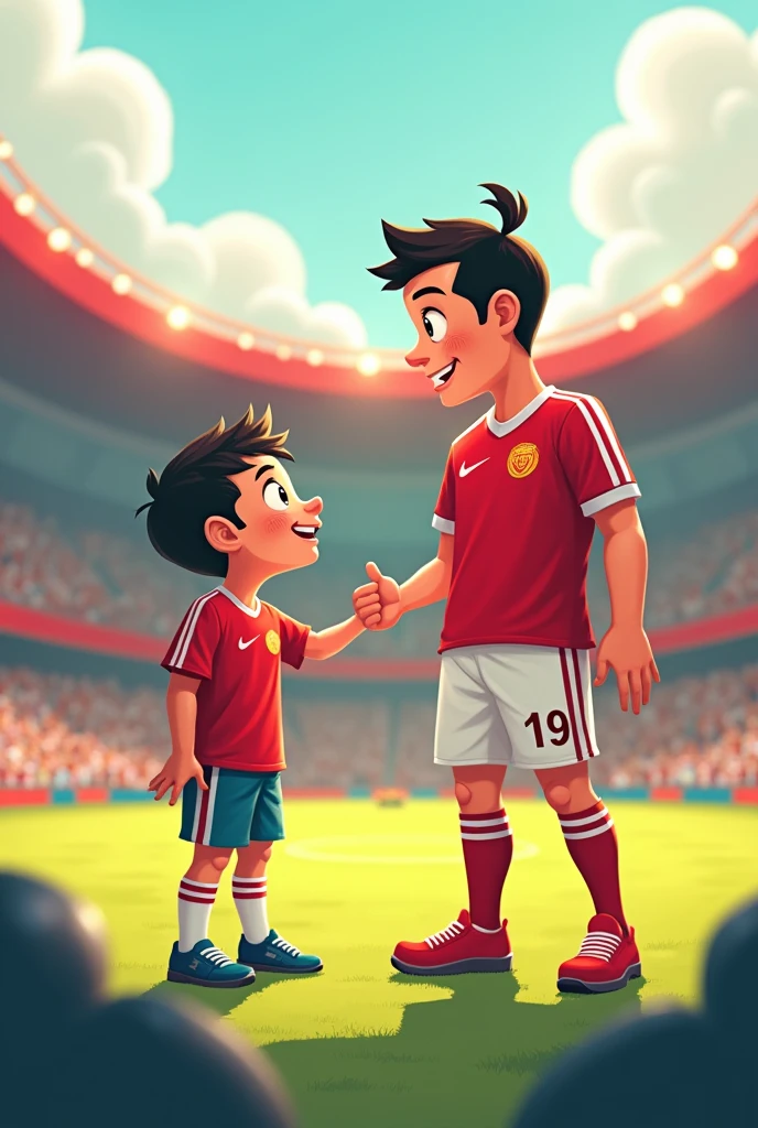 A football boy with his idol Ronaldo. Cute Cartoon