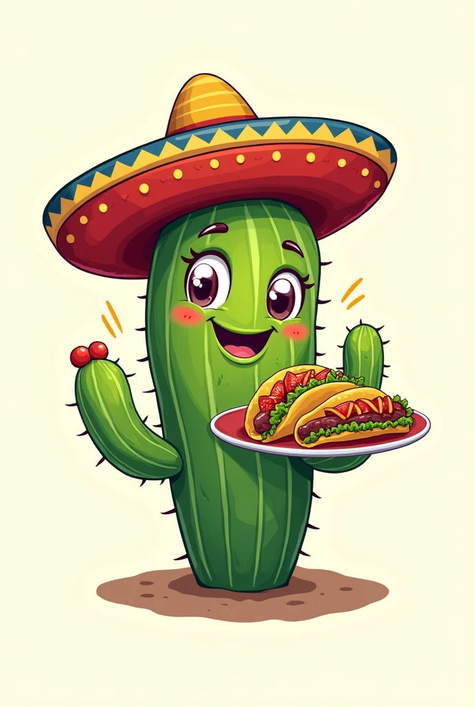 2D logo of a cute Cactus in the shape of the letter T with a plate of tacos in his hand and a Mexican hat with the colors of Colombia in full HD