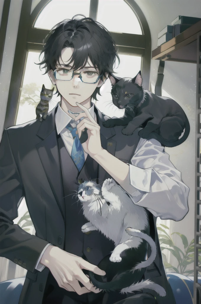 Center Part、Man、Boston-shaped glasses、Black Hair、Please put on a suit with a vest. Holding a cat and rubbing it against his cheek.、Inside the house、