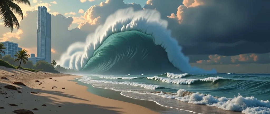 It's a great beachside, and there's a tall skyscraper in the back, and a scene of a tsunami coming from a distant sea
