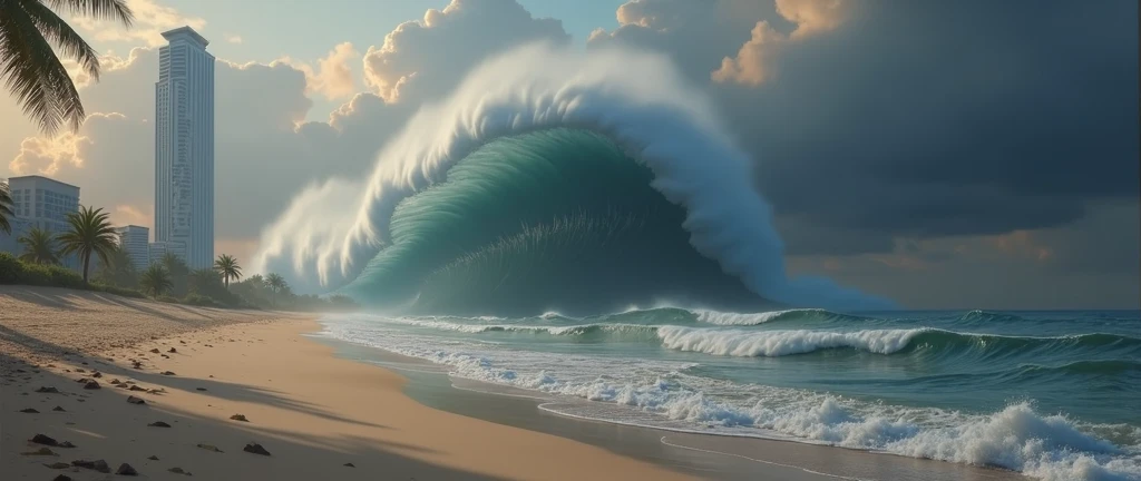 It's a great beachside, and there's a tall skyscraper in the back, and a scene of a tsunami coming from a distant sea