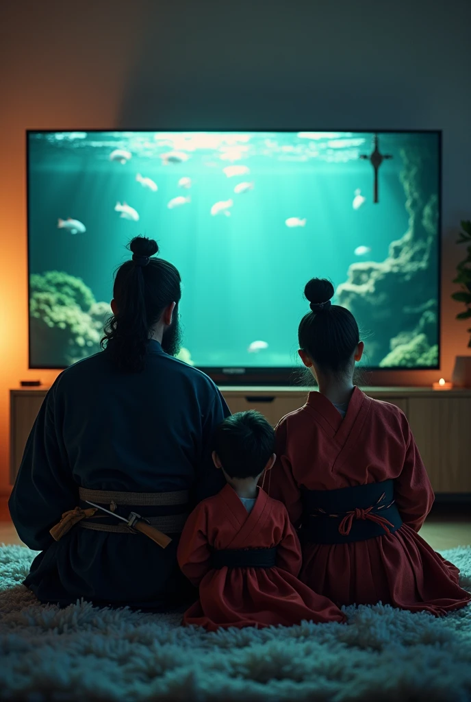 Highest quality、Ultra-high resolution、8k、RAW Photos、Japanese Samurai、((A family watching TV in the living room of their apartment、Back view))、warrior、armor、knife、beard、cinematic lightening、Child in monpe、Wife in Monpe、A modern-day samurai family、Tropical fish tank、Living room with indirect lighting、100-inch TV