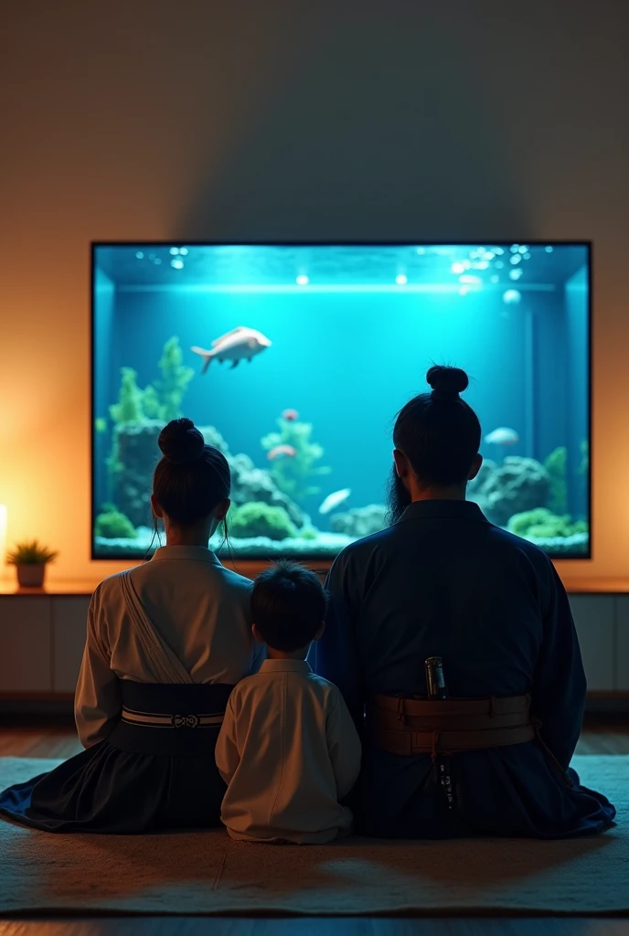 Highest quality、Ultra-high resolution、8k、RAW Photos、Japanese Samurai、((A family watching TV in the living room of their apartment、Back view))、warrior、armor、knife、beard、cinematic lightening、Child in monpe、Wife in Monpe、A modern-day samurai family、Tropical fish tank、Living room with indirect lighting、100-inch TV