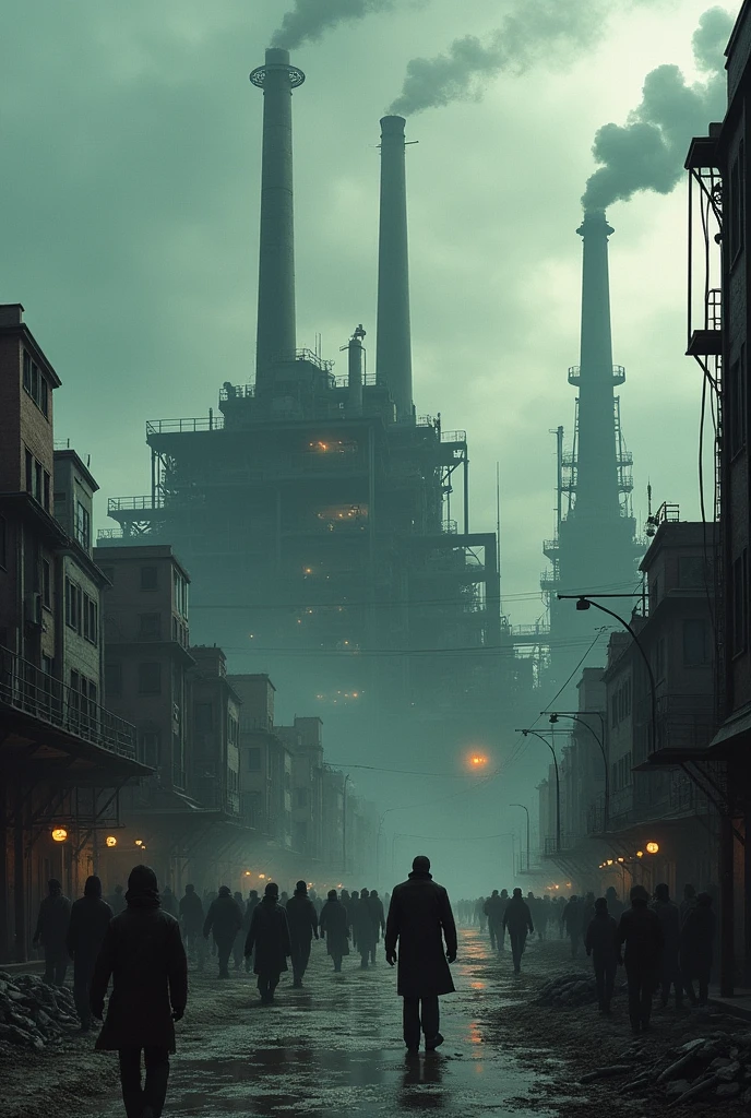 Dark city with lots of pollution full of factories slave labor