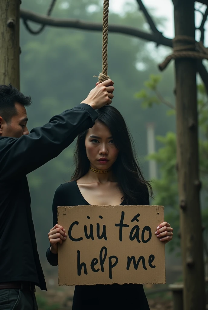 man tightening rope noose around vietnamese woman neck, latex pvc bodysuit, 23-year-old woman, holding a card board with letters " Cuu Tao", man putting rope around woman's neck, womanserious expression, woman empty expression, wide-eyed, scared, execution by hanging, gallows
