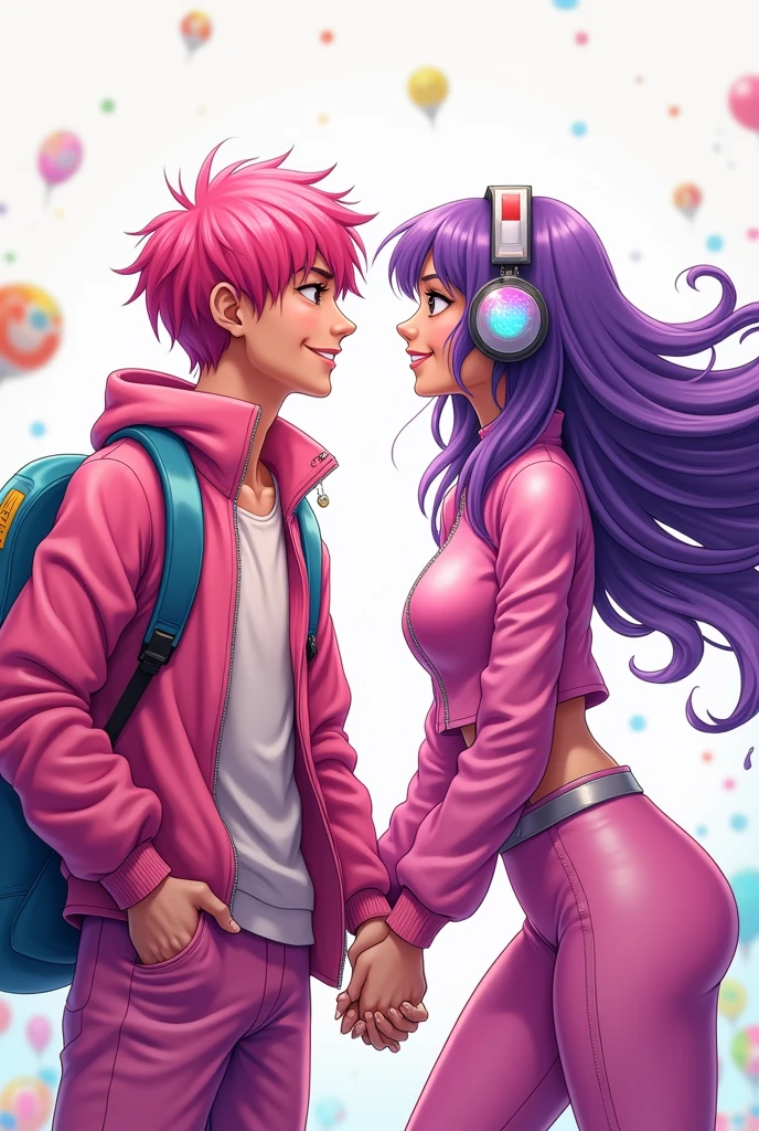 Korean purple hair butterfly woman with headphone and shiny pink outfit and pink hair man white background amusement park friendship friends they are friends 