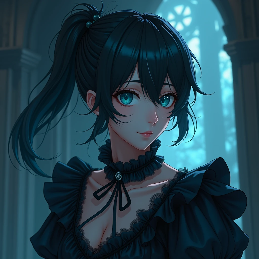 Long black hair with a little ponytail. Teal blue eyes, Male, Blue and black frilly gothic clothes, Surrealism, Sexy, Masterpiece, Shiny, Gloomy effects, 8k, super detail, Shiny, Beautifully detailed, Pretty drawn. Anime style. Sexy pose, hot. Seductive pose.