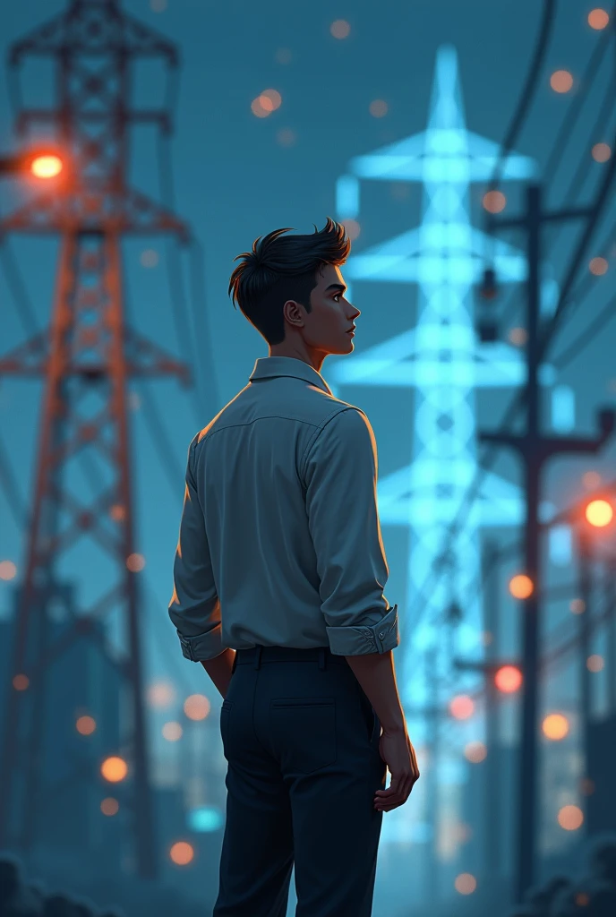 Photo of electrical engineer standing alone and thinking young man with power systems theme .show that he electrical engineer.and background theme like grid or power systems site or these thing in front of him and in photo you show the back of this person.ainimated photo