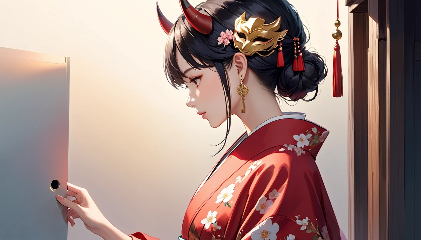 On Inft, One girl, alone, Black Hair, jewelry, Earrings, mask, Red eyes, kimono, Letterbox, kimono, profile, mask on head, Floral print, From the side, horn, Tassel, hair ornaments