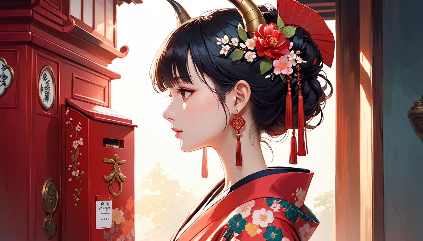 On Inft, One girl, alone, Black Hair, jewelry, Earrings, mask, Red eyes, kimono, Letterbox, kimono, profile, mask on head, Floral print, From the side, horn, Tassel, hair ornaments