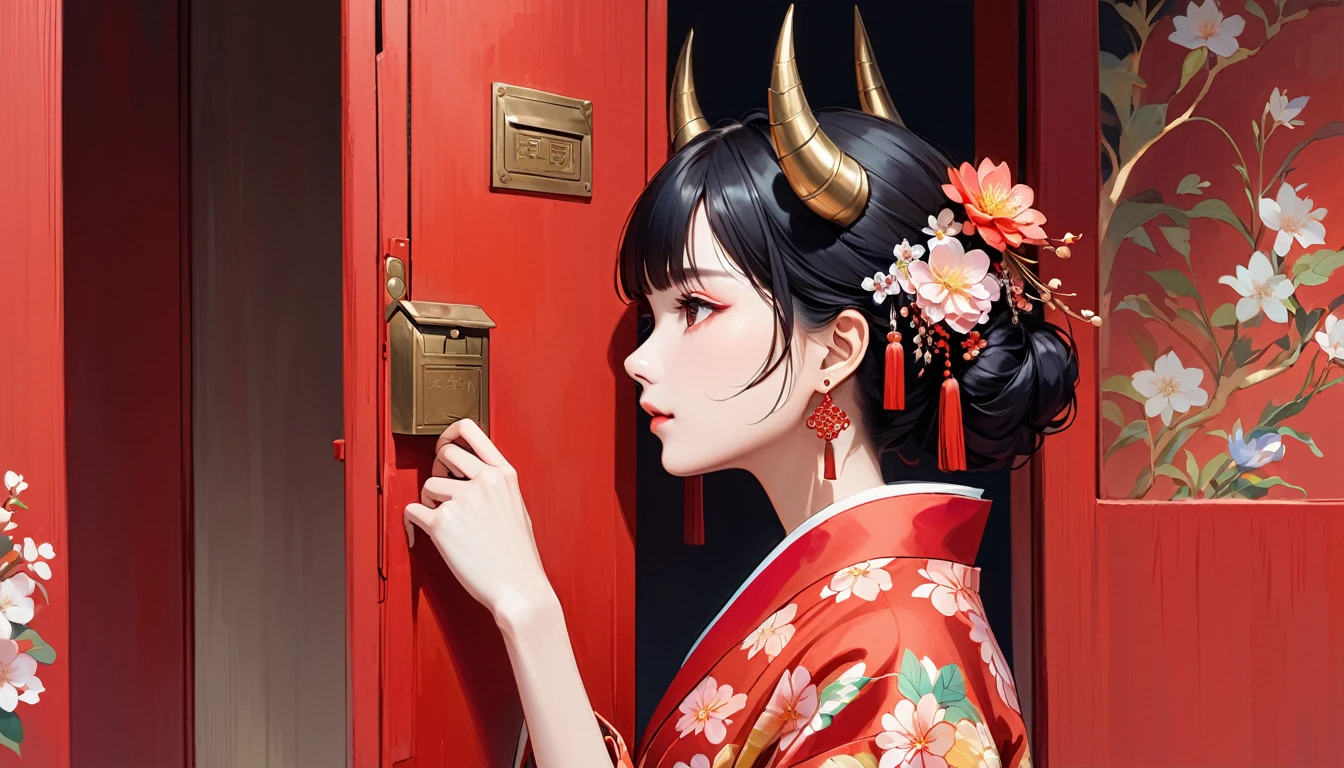 On Inft, One girl, alone, Black Hair, jewelry, Earrings, mask, Red eyes, kimono, Letterbox, kimono, profile, mask on head, Floral print, From the side, horn, Tassel, hair ornaments