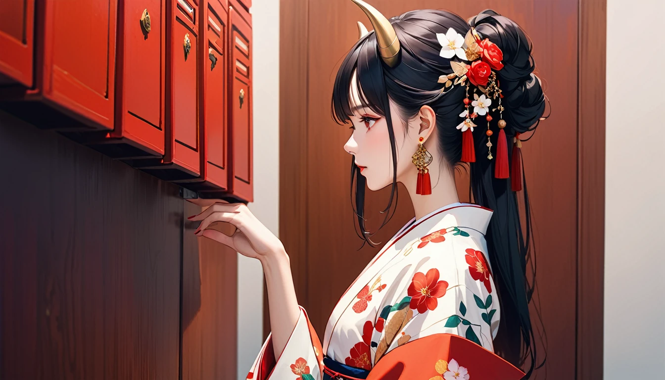 On Inft, One girl, alone, Black Hair, jewelry, Earrings, mask, Red eyes, kimono, Letterbox, kimono, profile, mask on head, Floral print, From the side, horn, Tassel, hair ornaments
