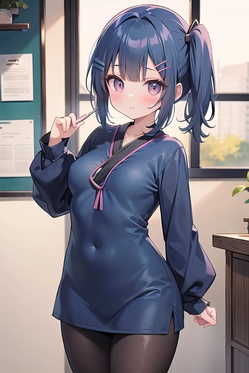 1 Cute naughty ninja girl, Pastel colors hair, medium breasts, (Thighs, fishnet pantyhose), short hair, (dark blue hair:1.2), (naked:1.3), (forehead:1.2, bangs pinned back, asymmetrical bangs, hairclip, side ponytail:1,2), standard height, (Serious, Large eyes, yuruyuri), at the adventurer's guild, A bulletin board with posted paper