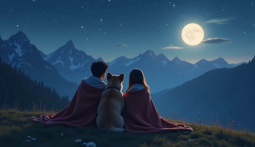 "Create a photorealistic scene of a peaceful nighttime mountain view. A young man and woman sit close together on a grassy hilltop, wrapped in blankets, with a serene, cozy atmosphere around them. A soft, warm light casts gentle shadows, illuminating their faces as they gaze at the bright full moon in the sky. A loyal dog sits beside them, looking content and calm. In the background, towering mountains rise against a starry night sky. The overall mood is tranquil and intimate, with the soft glow of the moonlight enhancing the natural beauty of the moment."