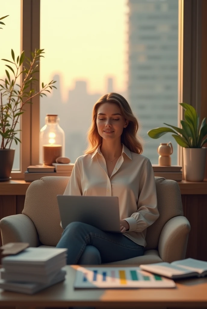 Create an image of a person who has successfully managed their investments and finances, appearing calm and confident amidst economic fluctuations. Show them seated comfortably in a modern office or study, surrounded by financial charts, a laptop displaying stable investment portfolios, and neatly organized documents. Include a serene expression on their face and a background with elements like a calming view of a cityscape or nature, symbolizing peace of mind. Use warm, reassuring colors and soft lighting to convey a sense of financial security and tranquility despite economic volatility.












