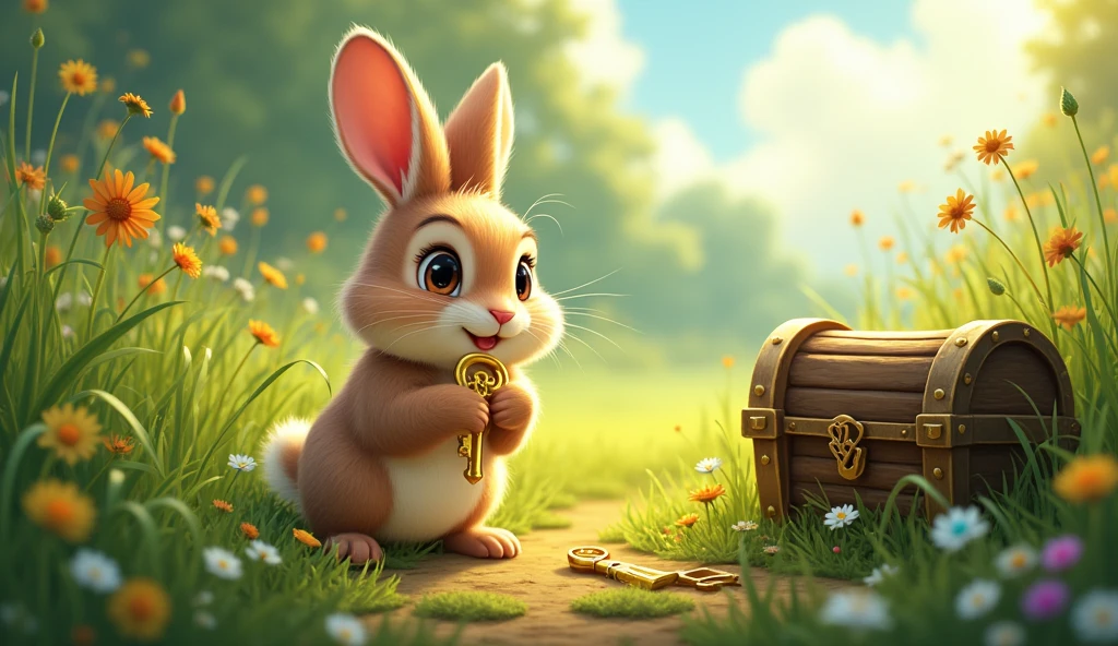 In a sunny meadow, a little rabbit named Pip loved to explore. One day, while hopping through the tall grass, Pip found a shiny, golden key. Curious, he tried to find what it opened but found nothing nearby.As Pip continued his adventure, he came across a small, old chest buried under a bush. 