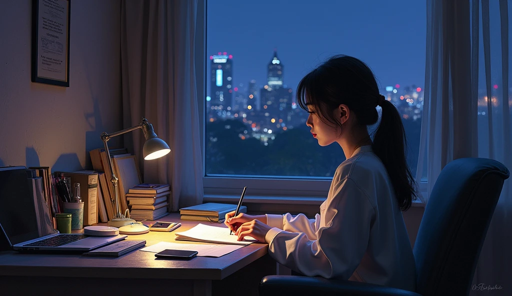 A stunning oil painting of a young beautiful Korean woman studying, beautifully portrayed with a lost and melancholic expression. In the soft glow of a study lamp, a she sits in her comfortable chair, surrounded by the organized chaos of study materials. Her desk is cluttered with open books, a laptop, and a mobile phone, each item a tool in her quest for knowledge. In a softly lit room, the young girl sits at her desk, engrossed in her studies. The warm glow from her desk lamp casts a gentle light over her open books, laptop, and scattered notes. Standing beside her, her elderly father and her mother watch with evident pride and admiration. Their faces are illuminated by the room's light, reflecting their joy and satisfaction. The window beside her at a distance, reveals the deep blue of night time, with the city lights faintly glimmering in the distance. The room is bathed in a warm, focused light that contrasts with the cool darkness outside, creating a serene, studious atmosphere., adding to the sense of unease. The painting exhibits a dream-like, impressionistic style, with visible brushstrokes that create a sense of depth and texture. The color palette primarily consists of deep purples, greys, and blacks, evoking a depressive atmosphere. wide shot.