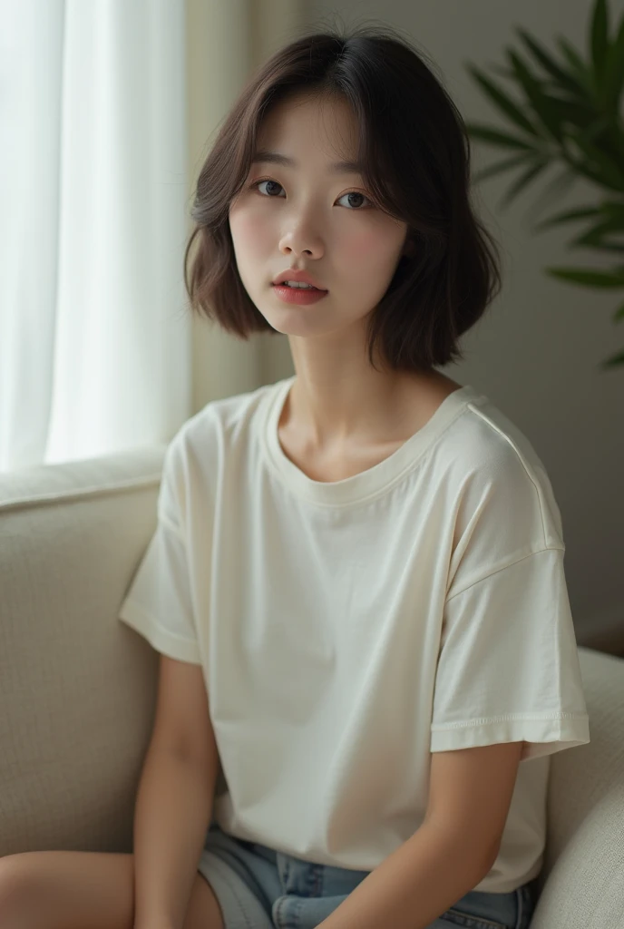A selfie-style image of a young, fair-skinned Japanese woman wearing a loose-fitting T-shirt and sitting on a sofa.。I'm wearing shorts underneath。