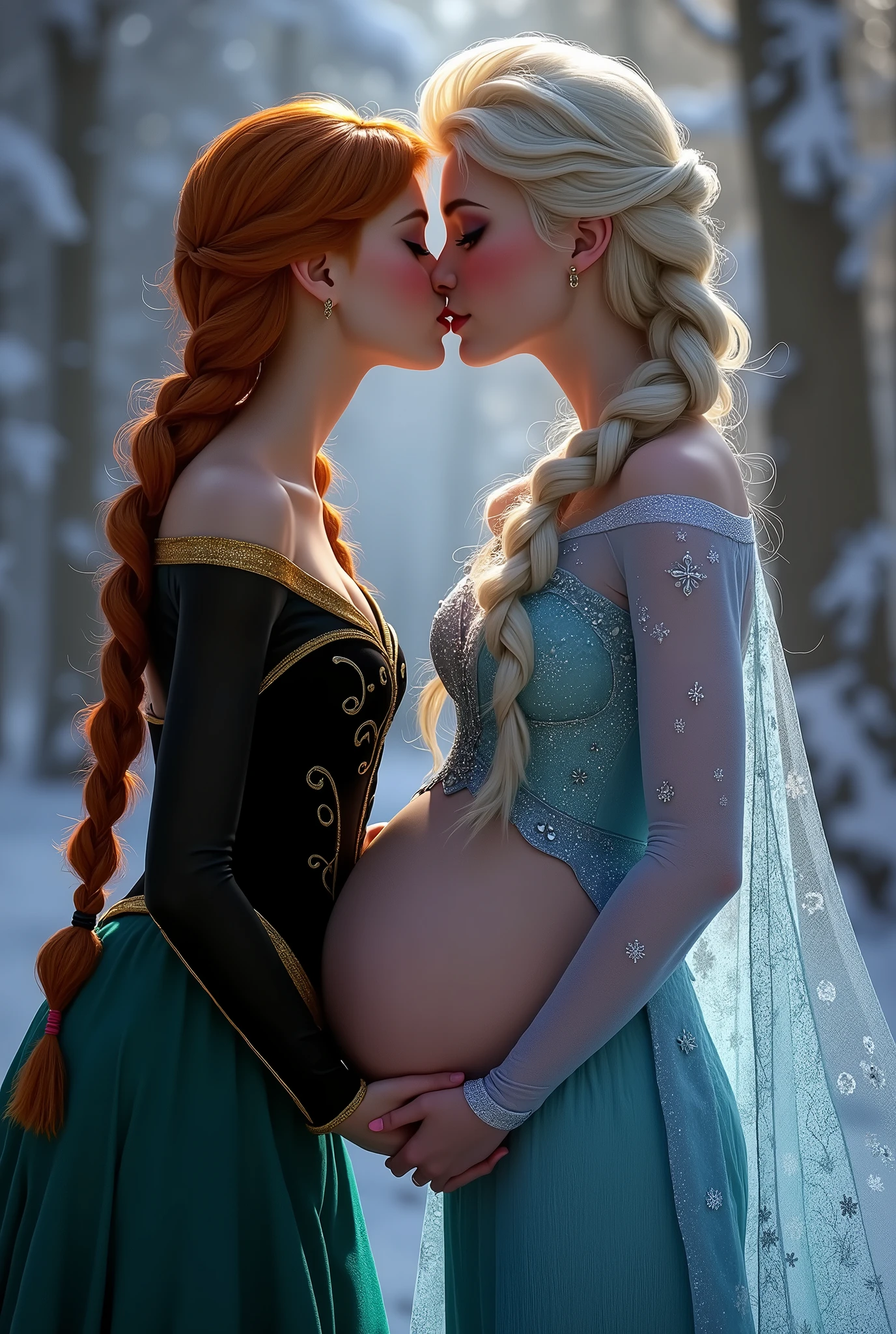 A stunning portrait of Elsa and her sister Anna kissing, French kissing, tongues touching, they are kissing, young and beautiful, hyper realistic, real portrait, backlit, exquisite features, cleavage, Elsa is showing her pregnant belly to Anna. Anna is gently caressing Elsa’s pregnant belly, she is inserting his fingers in her vagina under her skirt, she is fingering her, Elsa is in ecstasy, (anna has red hair), Elsa is pregnant
