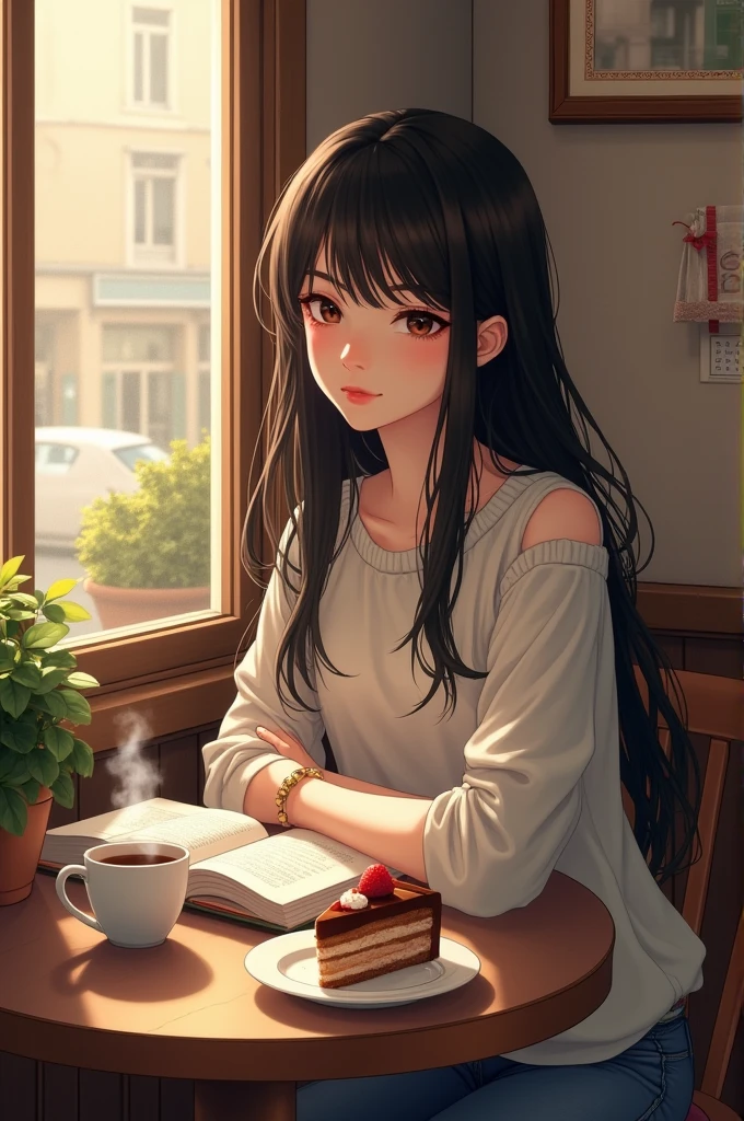 A beautiful girl with long black hair, dark brown eyes, wearing a casual clothes inside a cafe, sitting near the window, a coffee and slice of cake on the table while reading her favorite book.