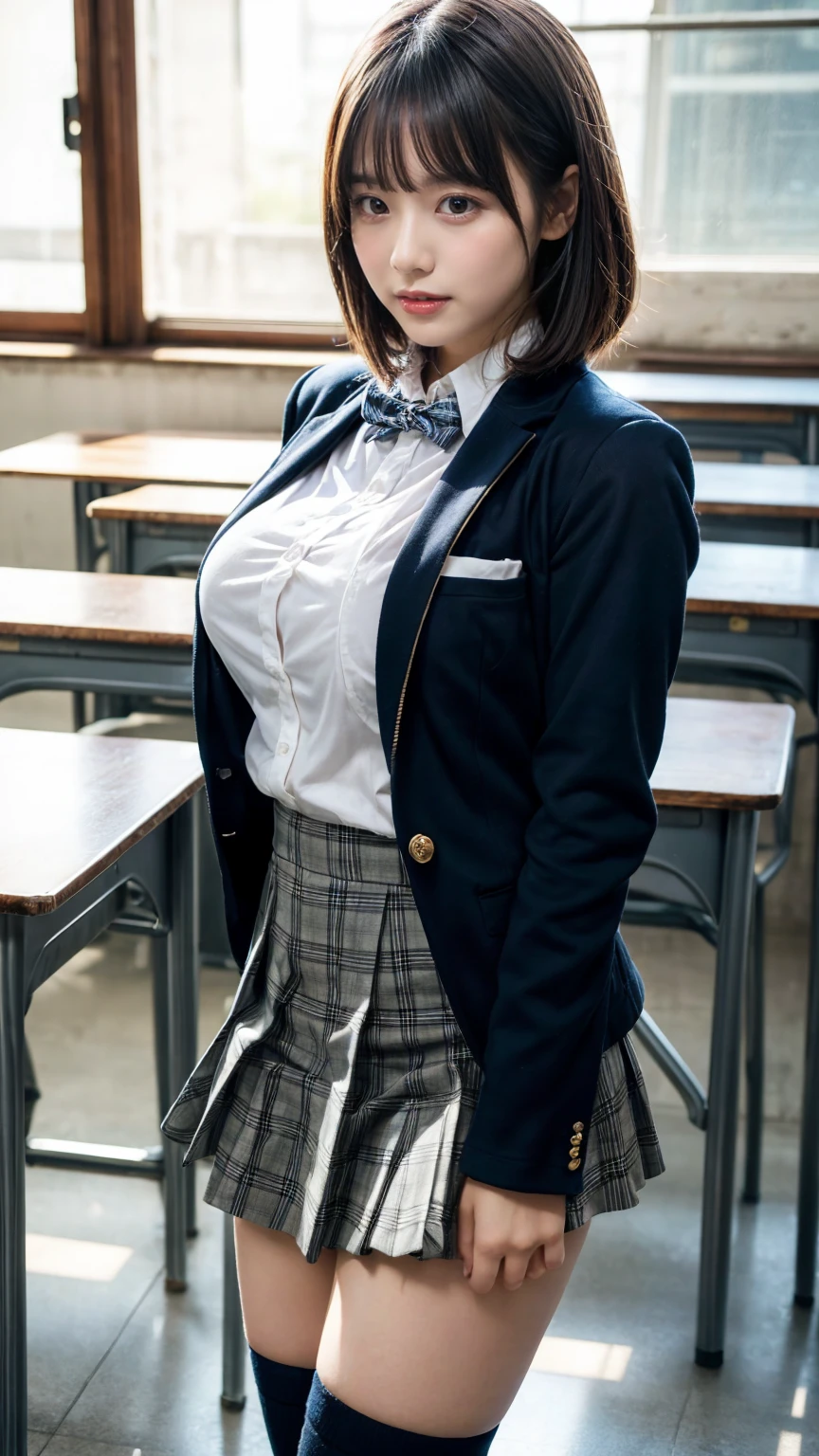 masterpiece, best quality, illustration, Super detailed, fine details, High resolution, 8K,wall paper, perfect dynamic composition,(Details High quality, realistic depiction of eyes:1.3), from side, High School Classroom、High school girl uniform、blazer 、Super Short Check Uniform Skirt、Navy blue high socks、garterbelts、Colossal tits、Disturbed uniform, short bob hair, black hair color, large breasts, Big Natural Color Lip, bold sexy pose, (perfect body shape), crying a little、Harajuku style、20 year old girl、cute type, beautiful legs, hposing Gravure Idol, Voluptuous thighs