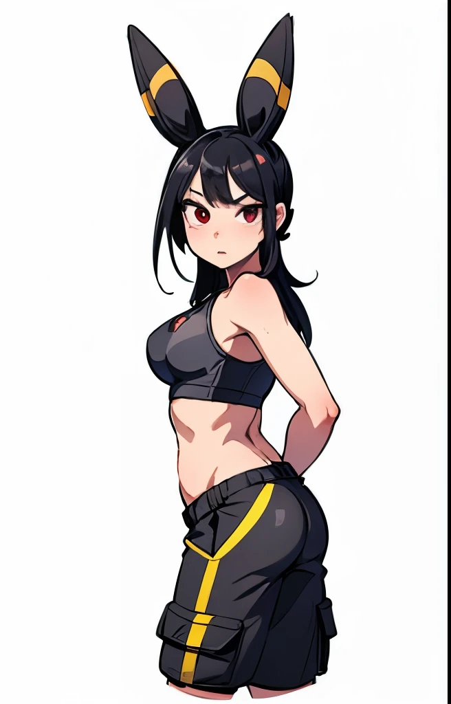 a girl with black hair, umbreon ears, red eyes, wearing black cargo shorts, pink sports bra, medium breasts, open black leather jacket, round ass, small hips, detailed face, beautiful detailed eyes, beautiful detailed lips, extremely detailed eyes and face, long eyelashes, photorealistic, 8k, high quality, hyperdetailed, cinematic lighting, dramatic colors, vibrant, moody, dark fantasy