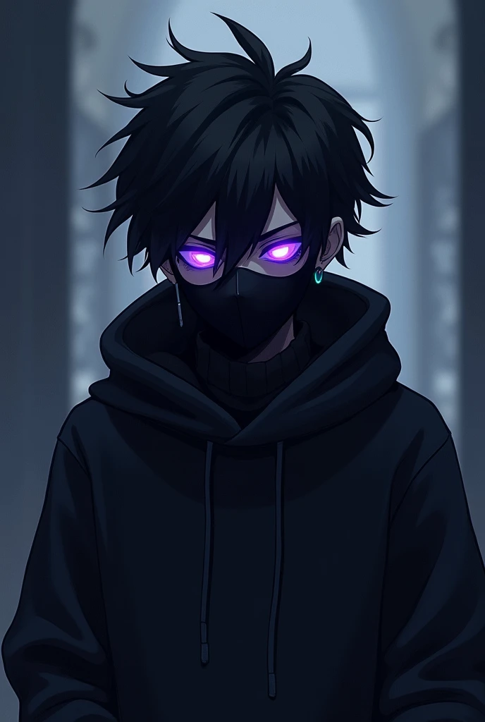 Appearance: hacker looking forward , 2d anime style , with short wavy hair , with a dark face with black hair standing on end. He wears a black mask that covers part of his face and small headphones in his ears.. He has a happy face , its general appearance is gloomy , recalling an ethereal and dark presence. eyeballs: Intense and illuminated purples, increasing its mysterious and frightening aura. Clothing: Wears a black sweatshirt that enhances his shadow appearance. Personalidade: Exudes a calm and calculating demeanor, rarely loses composure. His glowing purple eyes and shadow-like appearance contribute to his enigmatic and unsettling presence.. history: Carries a dark past that shaped his menacing aura, with his hidden face and glowing eyes suggesting a deep inner conflict between light and darkness.