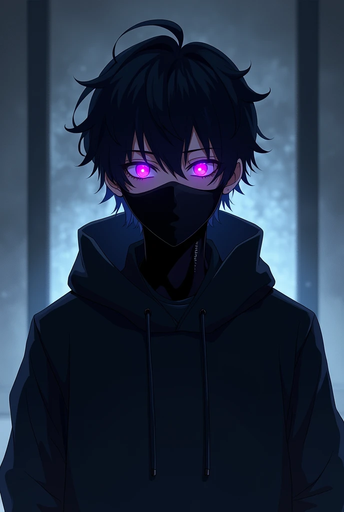 Appearance: hacker looking forward , 2d anime style , with short wavy hair , with a dark face with black hair standing on end. He wears a black mask that covers part of his face and small headphones in his ears.. He has a happy face , its general appearance is gloomy , recalling an ethereal and dark presence. eyeballs: Intense and illuminated purples, increasing its mysterious and frightening aura. Clothing: Wears a black sweatshirt that enhances his shadow appearance. Personalidade: Exudes a calm and calculating demeanor, rarely loses composure. His glowing purple eyes and shadow-like appearance contribute to his enigmatic and unsettling presence.. history: Carries a dark past that shaped his menacing aura, with his hidden face and glowing eyes suggesting a deep inner conflict between light and darkness.