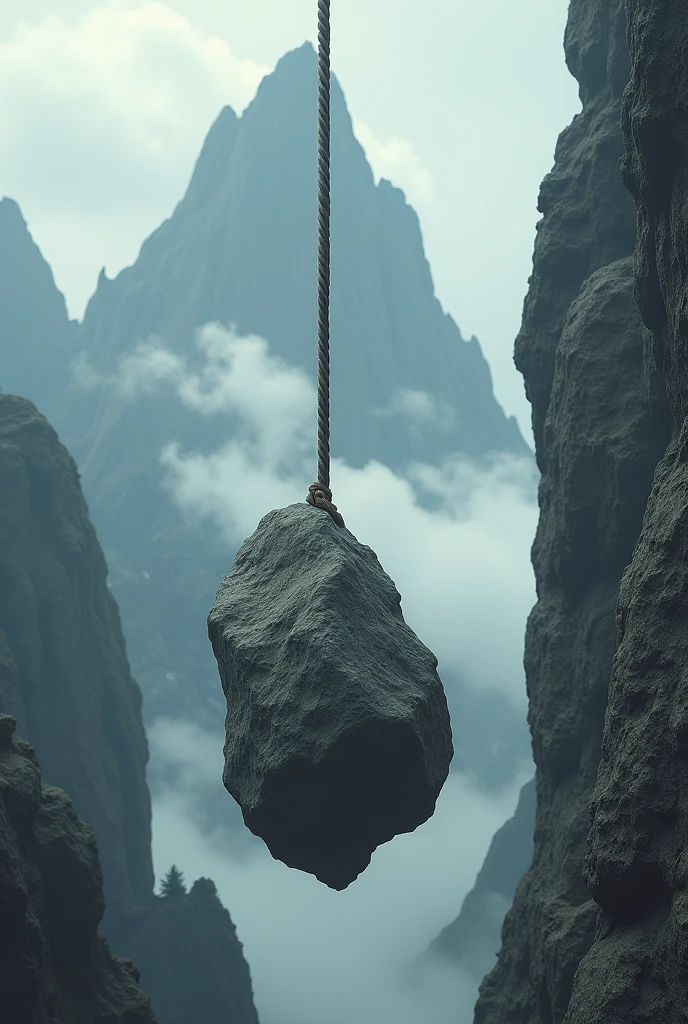 drawing of a rock hanging from a rope from a mountain