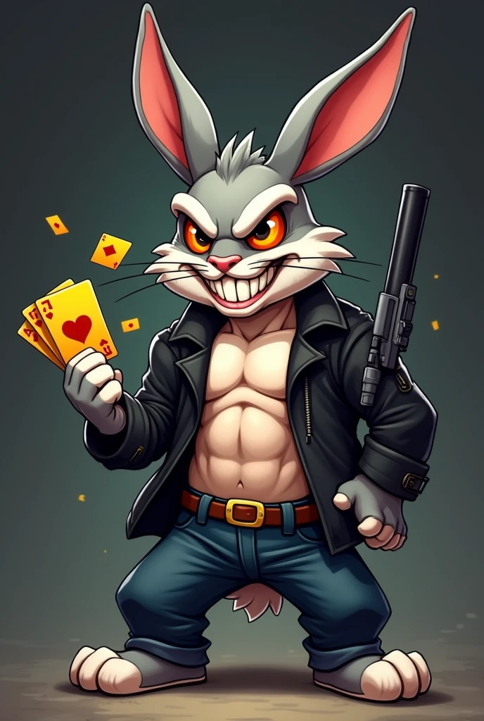 cartoon rabbit devil face ,bandit, black jacket, shirtless, ABS, Golden cards, gun in hand