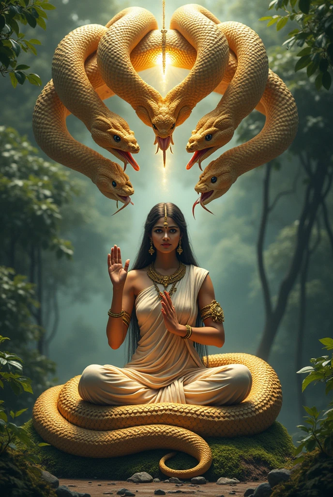 Create a realistic phone wallpaper of the goddess nainai nagapoosani amman with blessing with one hand in and divinely sitting under 5-heads snake that creating an umbrella with its five heads for the goddess