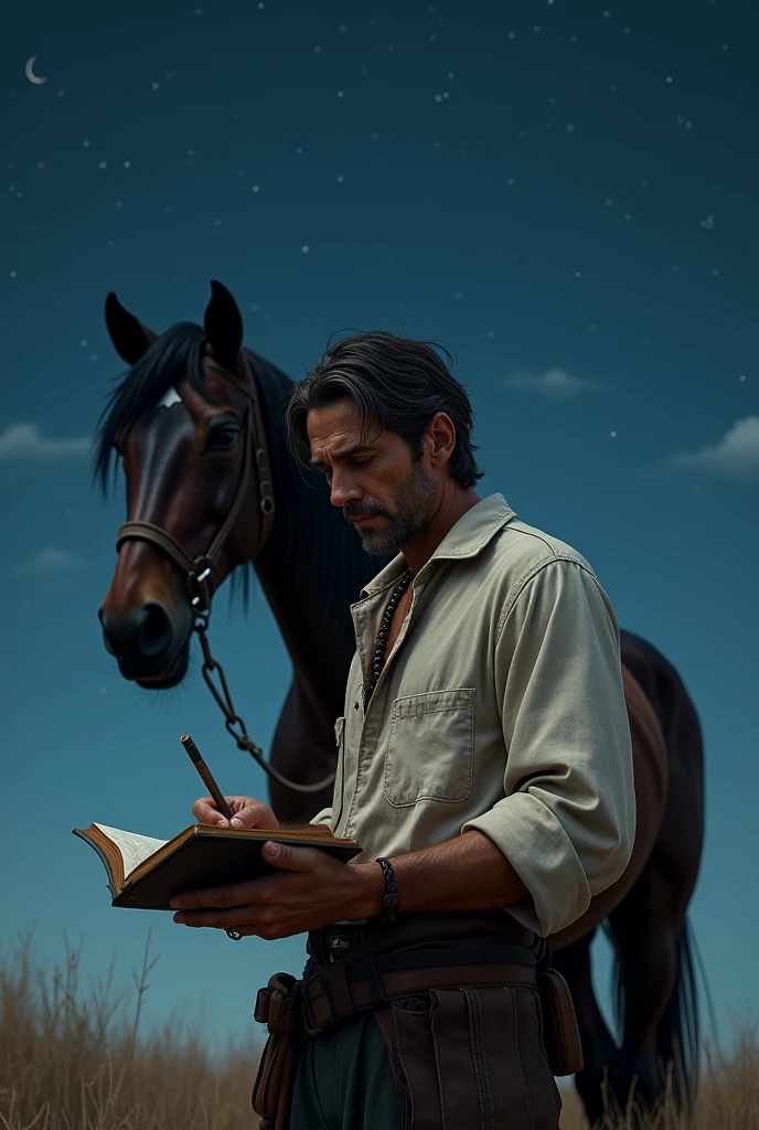 Man with dark-haired horse&#39;s underside, wearing an old white shirt making notes in an old book under the night sky.
