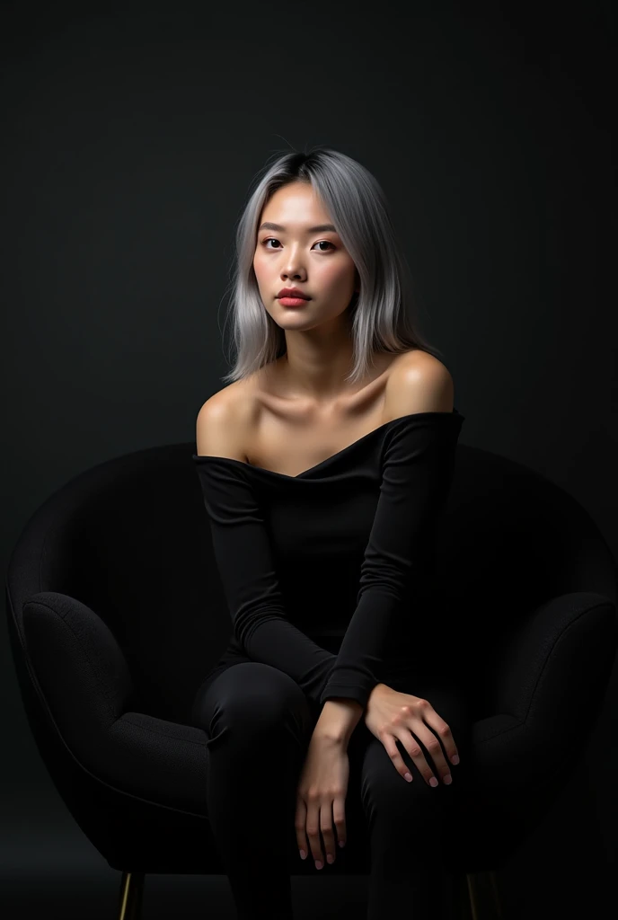 Girl sits elegantly on modern black soft chair, looks straight, Sits up straight, Against the background of a dark room, black off shoulder top, light gray long hair, good lighting, realistically, photo