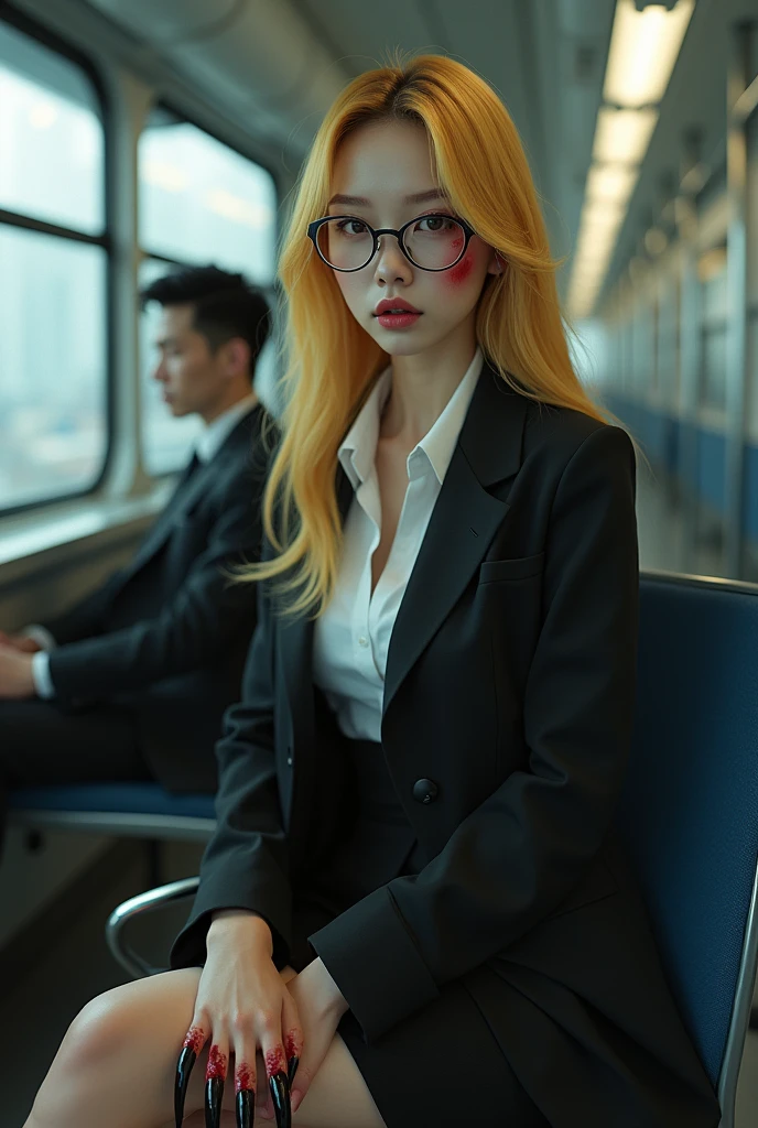 (((photorealistic:1.4))), ultra realistic, pores, (((masterpiece))),high quality, ultra details, realistic  white skin beautiful face pretty korean idol adult smilling woman with very very long sharp claws black fingernails, long yellow hair, circle glasses, wearing sexy secretary uniform, sitting on the chair, bus station, cool handsome man sitting next to her,using earphone,