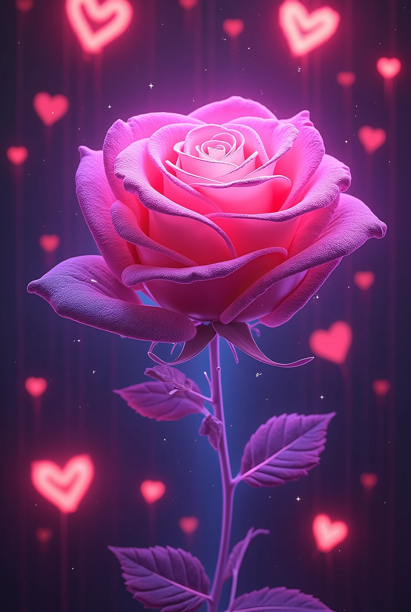 A mesmerizing artwork in a glowing neon art style! A vibrant pink background sets the stage for a stunning visual display. Three-dimensional text glows with an otherworldly light, spelling out "" in bold neon letters. Amidst this cosmic backdrop, a majestic rose blooms, its petals shimmering in a deep purple hue that seems to pulse with an inner radiance. The flower's dark, velvety centers appear almost black, adding depth and dimensionality to the design. Scattered throughout the composition are 3D neon hearts, their pinkish glow harmonizing with the overall palette. A dynamic angle captures the eye, drawing it into a world of enchantment and wonder.