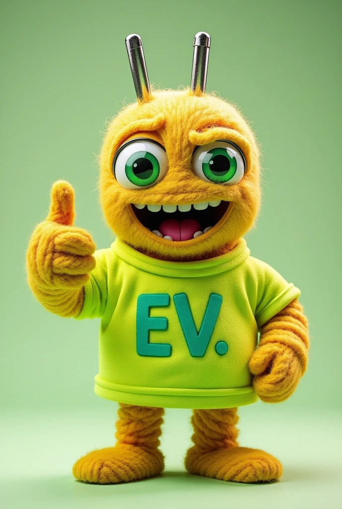  BLACK U-shaped socket, male with pins, wearing a fluorescent green shirt with EV written on it, giving thumbs up with big green eyes and a wide happy smile body is a roll of yarn