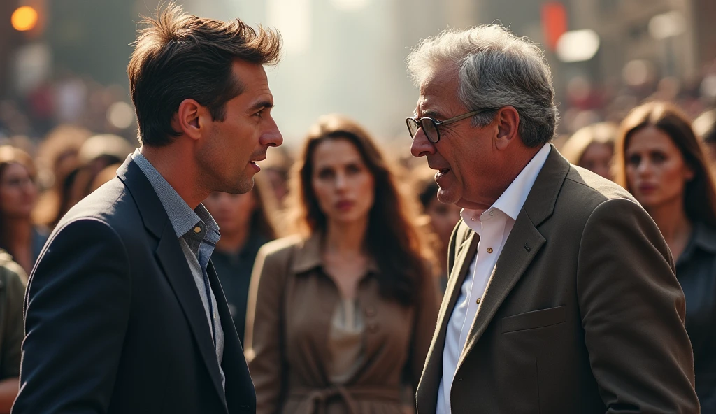 In a public setting, two men are arguing heatedly in the center of the stage. One of the men has gray hair and displays an assertive posture., while the other, younger, is visibly agitated. Around them, two women observe the scene with expressions of interest and curiosity. The atmosphere is tense, and the conversation between men seems to be the main focus, while the women analyze the situation, probably reflecting on what is being discussed.