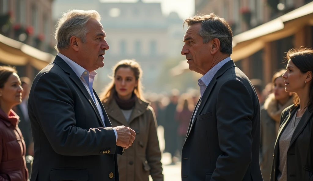 In a public setting, two men are arguing heatedly in the center of the stage. One of the men has gray hair and displays an assertive posture., while the other, younger, is visibly agitated. Around them, two women observe the scene with expressions of interest and curiosity. The atmosphere is tense, and the conversation between men seems to be the main focus, while the women analyze the situation, probably reflecting on what is being discussed.
