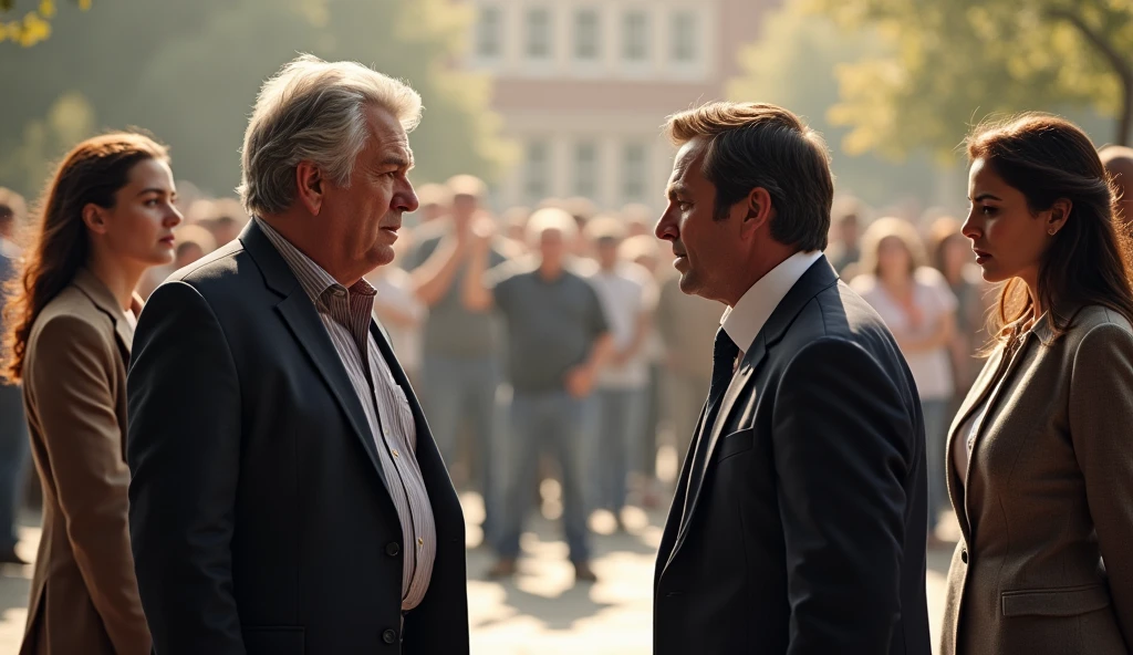 In a public setting, two men are arguing heatedly in the center of the stage. One of the men has gray hair and displays an assertive posture., while the other, younger, is visibly agitated. Around them, two women observe the scene with expressions of interest and curiosity. The atmosphere is tense, and the conversation between men seems to be the main focus, while the women analyze the situation, probably reflecting on what is being discussed.