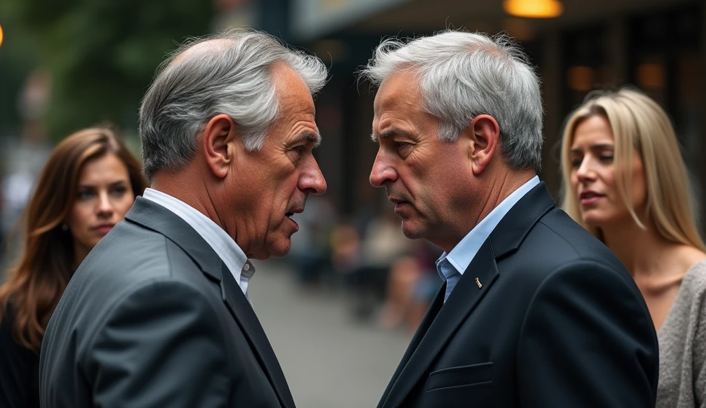 In a public setting, two men are arguing heatedly in the center of the stage. One of the men has gray hair and displays an assertive posture., while the other, younger, is visibly agitated. Around them, two women observe the scene with expressions of interest and curiosity. The atmosphere is tense, and the conversation between men seems to be the main focus, while the women analyze the situation, probably reflecting on what is being discussed.