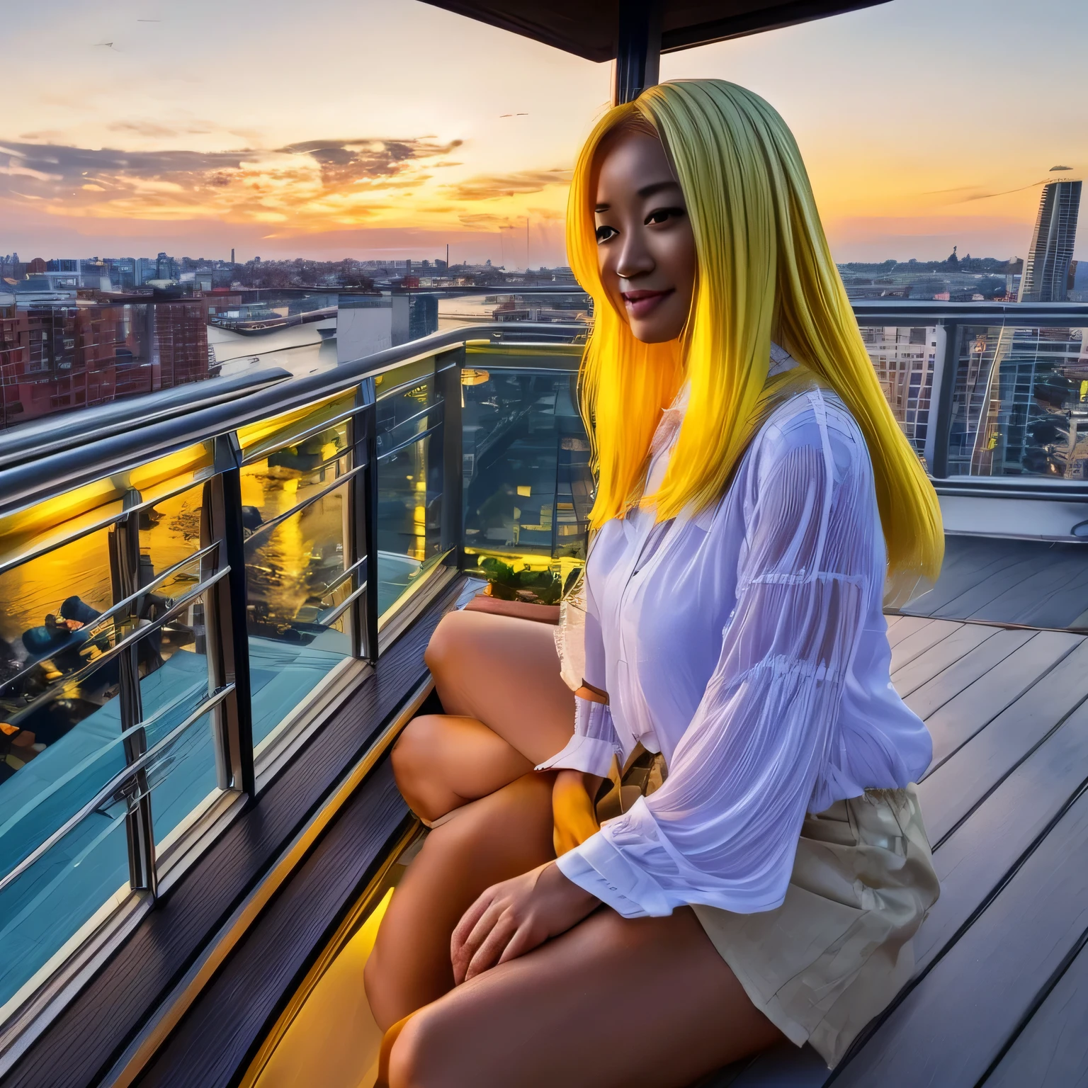 asian woman with yellow hair enjoying the sunset on a balcony