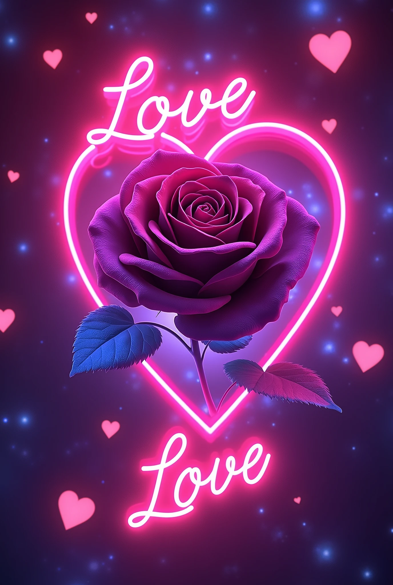 A mesmerizing artwork in a glowing neon art style! A vibrant pink background sets the stage for a stunning visual display. Three-dimensional text glows with an otherworldly light, spelling out "" in bold neon letters. Amidst this cosmic backdrop, a majestic rose blooms, its petals shimmering in a deep purple hue that seems to pulse with an inner radiance. The flower's dark, velvety centers appear almost black, adding depth and dimensionality to the design. Scattered throughout the composition are 3D neon hearts, their pinkish glow harmonizing with the overall palette. A dynamic angle captures the eye, drawing it into a world of enchantment and wonder.