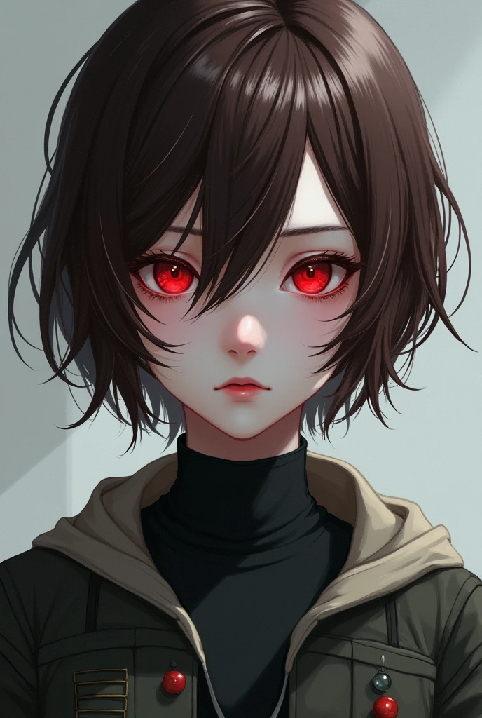 18 year old girl, Her hair is short brown, Her skin is white, his eyes are red, His expression is serious and cold, Digital illustration of video game characters