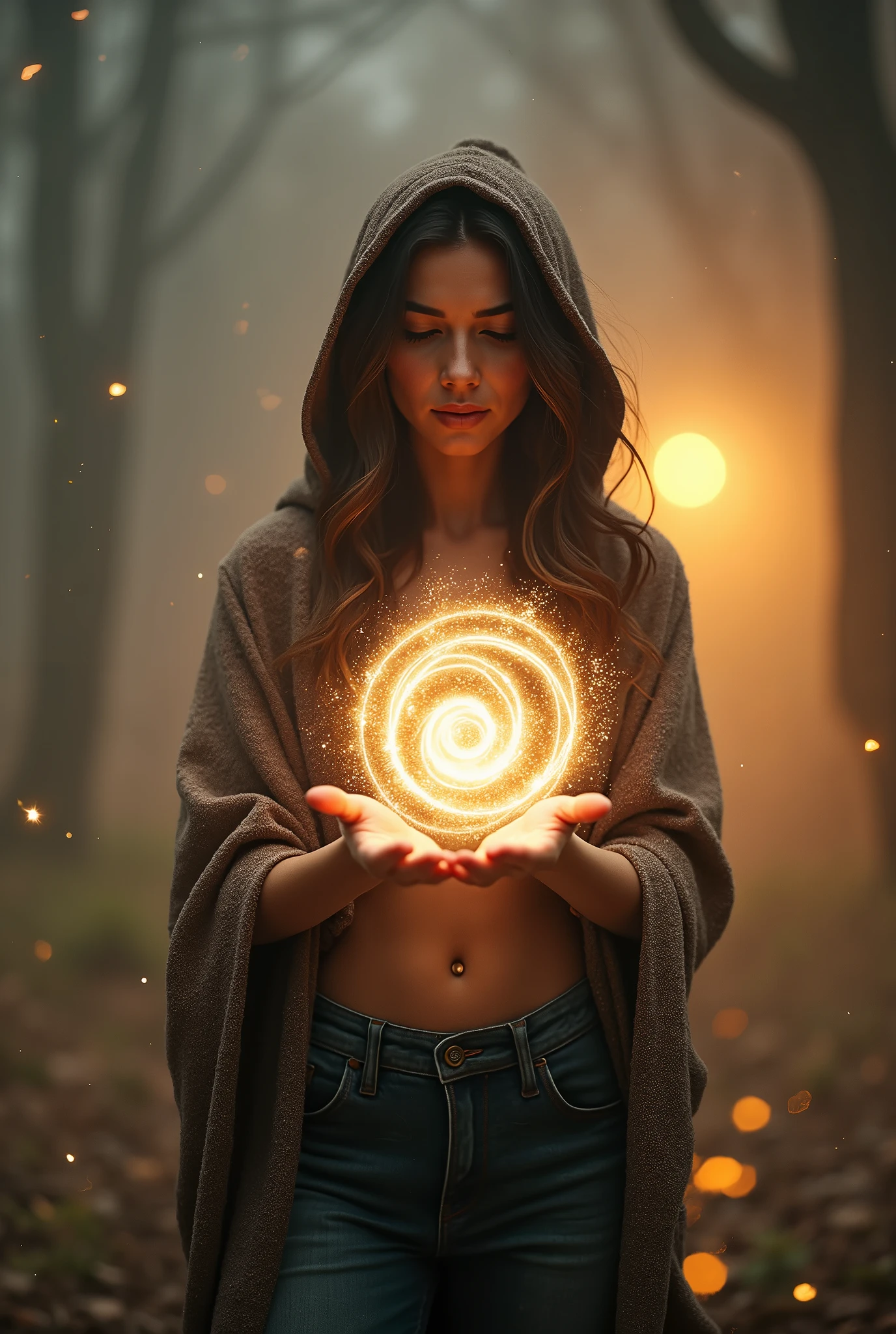 brunette. Il semble avoir 35 ans et a les cheveux noirs avec des reflets roux. Les yeux sont marron. Lèvres larges, visage arabe. Un look tendre, elle porte un capuche marron brillant et un jean, avec des petites lucioles et petites fées qui scintillent autour d'elle. La photo montre cette sorcière pratiquant la magie avec ses mains, d'où émanent des énergies blanches, formant une boule de lumière circulaire en forme de spirale, avec de la poussière blanche brillante devant elle, et cette énergie est présente dans ses mains. Il y a un brouillard dense et une faible lumière jaune derrière lui