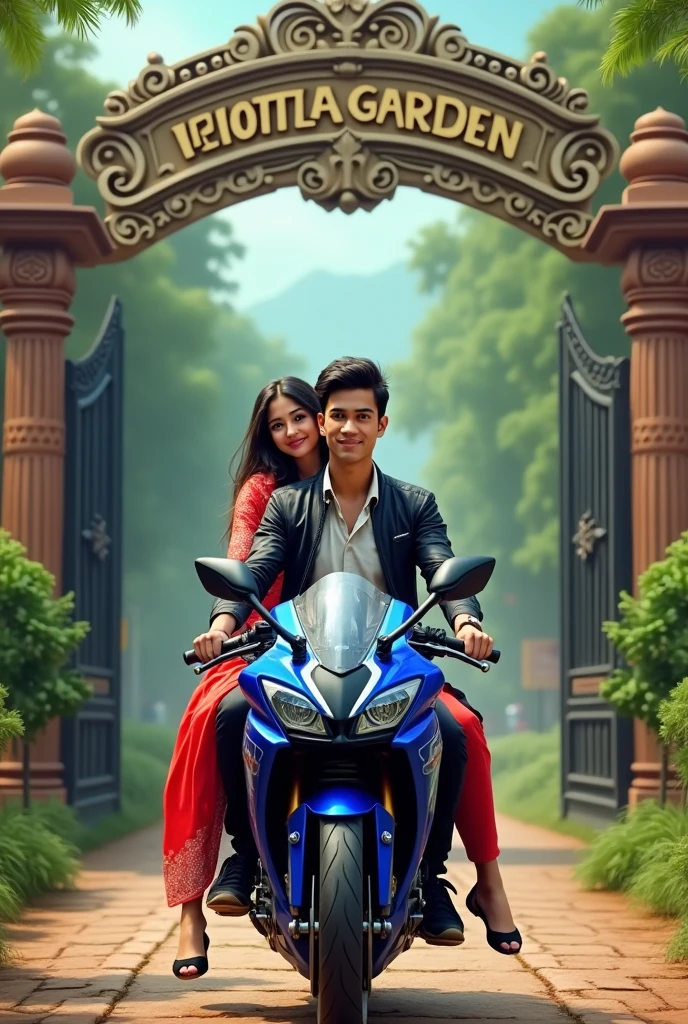 Ak garden ho aur uska ak bada gate ho usme likha ho ghotla garden me aapka swagat hai ,gate ke niche me me se ak r15v4 ho jiska rang nila ho aur us bike pe ak ladka ho kala aur safed ka jaket pahana ho aur kala jins pahna ho ladke ke pichhe ak ladki baithi ho jo lal rang ki salwarsut pahni ho